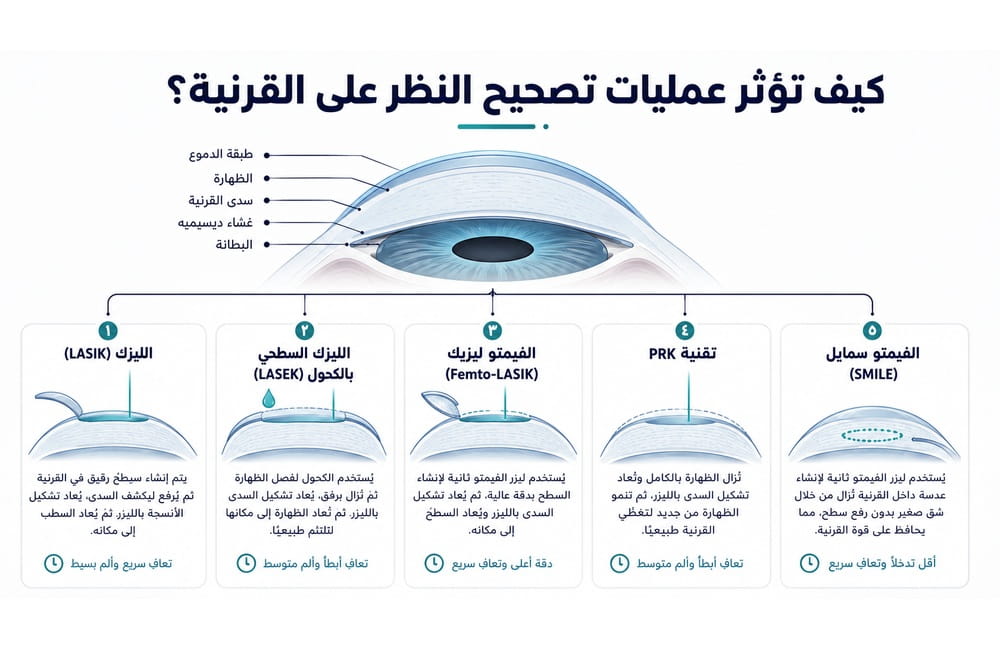  يوضح كيف تؤثر عمليات الليزك وPRK والفيمتو سمايل على طبقات القرنية