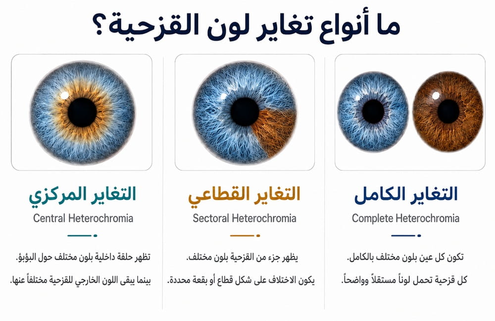 ما أنواع تغاير لون القزحية؟ التغاير المركزي والقطاعي والكامل