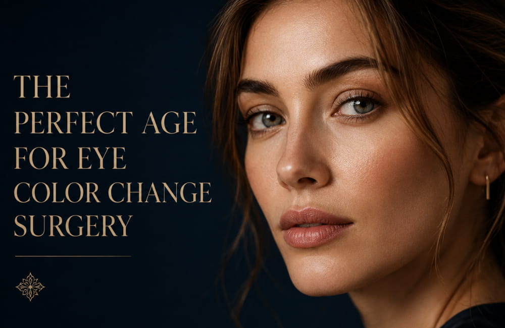 A close-up portrait of a beautiful woman alongside the text "The Perfect Age For Eye Color Change Surgery", representing the ideal candidate for keratopigmentation at Chromatic Eyes.