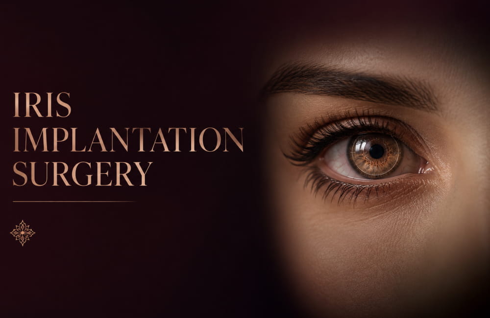 A close-up of a human eye alongside the text "Iris Implantation Surgery," representing an educational guide on cosmetic eye color change methods.