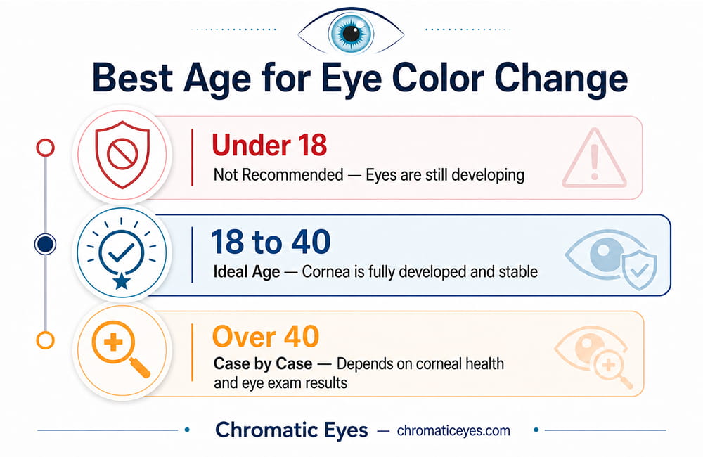 Infographic showing the best age for eye color change: under 18 not recommended, ages 18 to 40 ideal, over 40 case by case - Chromatic Eyes