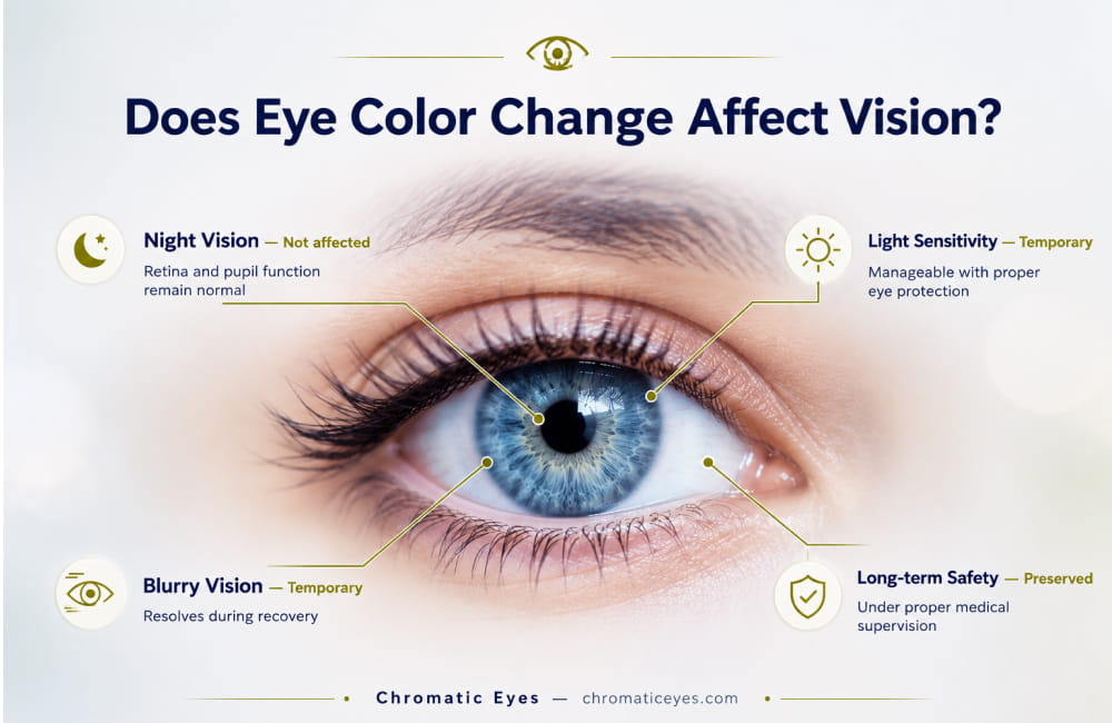 Annotated eye infographic showing how eye color change affects night vision, light sensitivity, blurry vision and long-term safety - Chromatic Eyes
