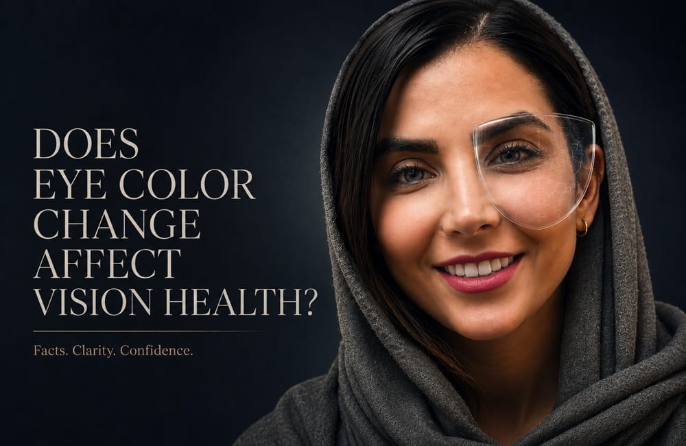 Woman with eye protection shield illustrating vision safety after eye color change procedure - Chromatic Eyes