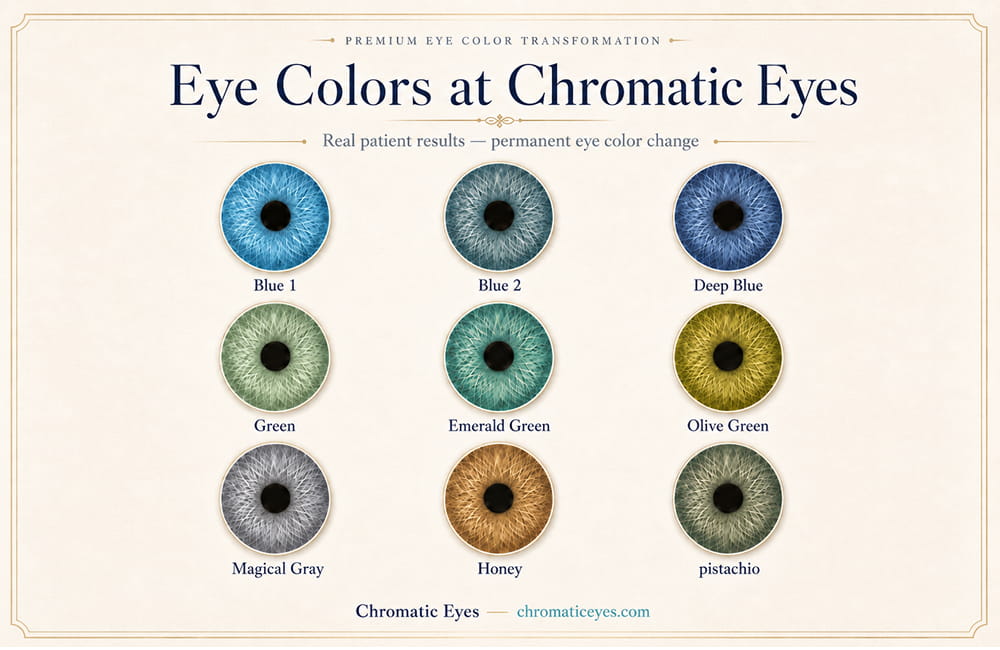 Nine available eye colors at Chromatic Eyes after keratopigmentation: Blue 1, Blue 2, Deep Blue, Green, Emerald Green, Olive Green, Magical Gray, Honey, Pistachio