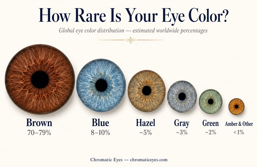 Bubble chart showing global eye color distribution: Brown 70-79%, Blue 8-10%, Hazel 5%, Gray 3%, Green 2%, Amber less than 1% - Chromatic Eyes