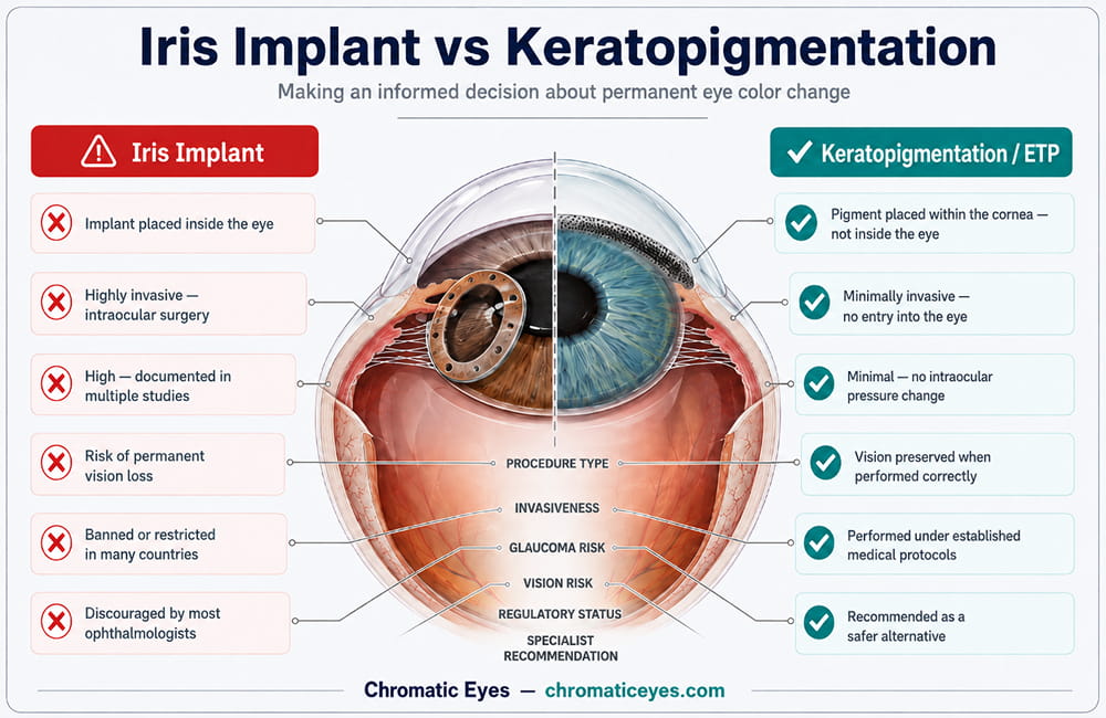 Anatomical split-eye infographic comparing a cosmetic iris implant placed inside the eye with keratopigmentation pigment placed within the cornea, including differences in invasiveness, glaucoma risk, vision risk and clinical recommendations
