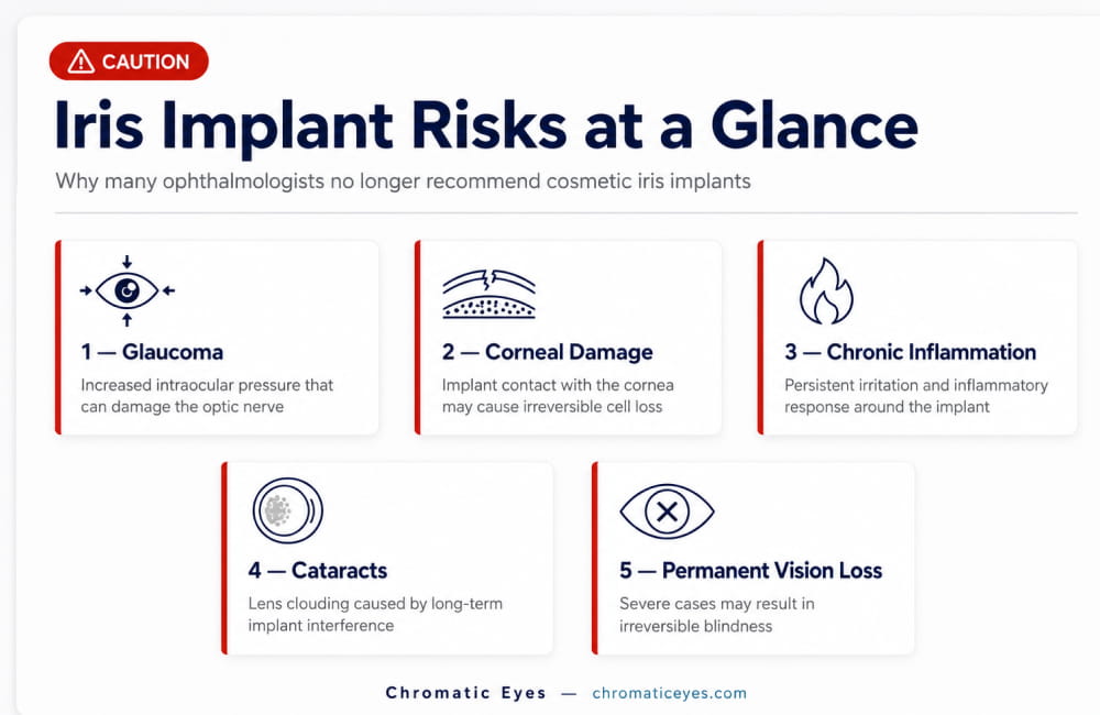 Medical infographic comparing iris implant surgery with keratopigmentation ETP for permanent eye color change, including invasiveness, glaucoma risk, vision risk and specialist recommendations