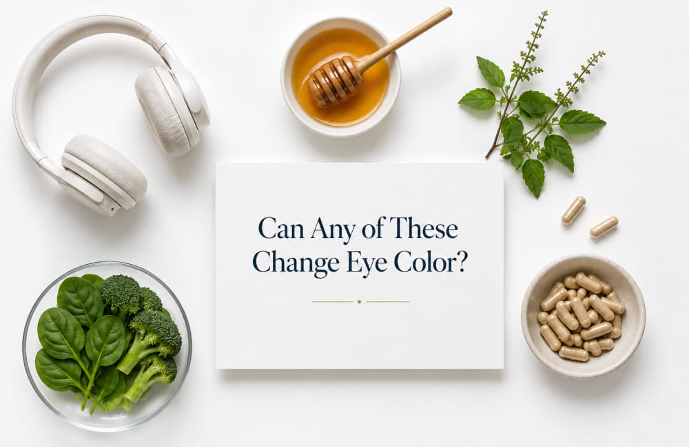 Illustration showing common natural eye color change remedies including honey, herbs, supplements, healthy foods and subliminal audio surrounding the question Can Any of These Change Eye Color
