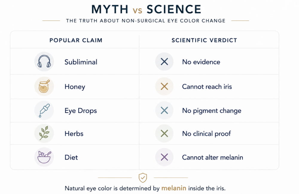 Educational infographic comparing common non-surgical eye color change claims including subliminal audio, honey, eye drops, herbs and diet with current scientific evidence