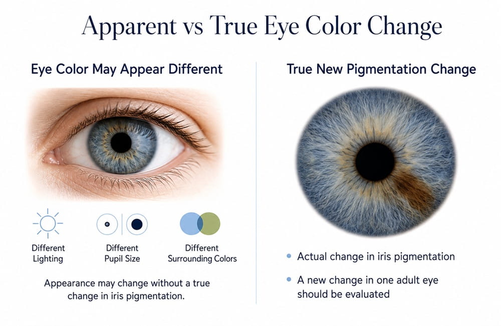 Apparent eye color changes from lighting and pupil size compared with a true iris pigmentation change