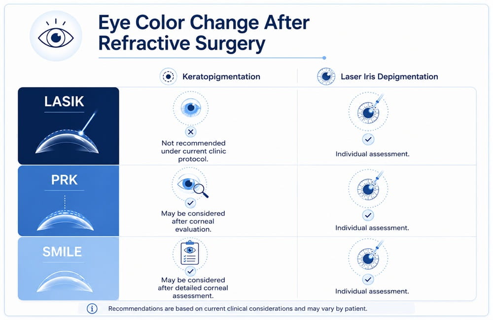 Keratopigmentation and laser iris depigmentation options after LASIK, PRK and SMILE