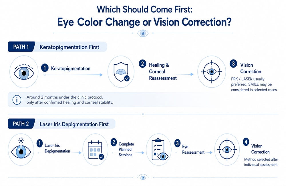 Treatment sequence for keratopigmentation or laser iris depigmentation before vision correction