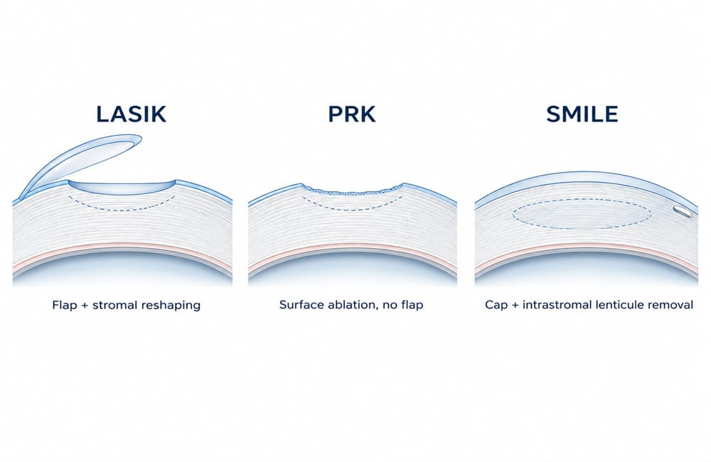 Comparison of LASIK flap, PRK surface ablation and SMILE lenticule within the cornea
