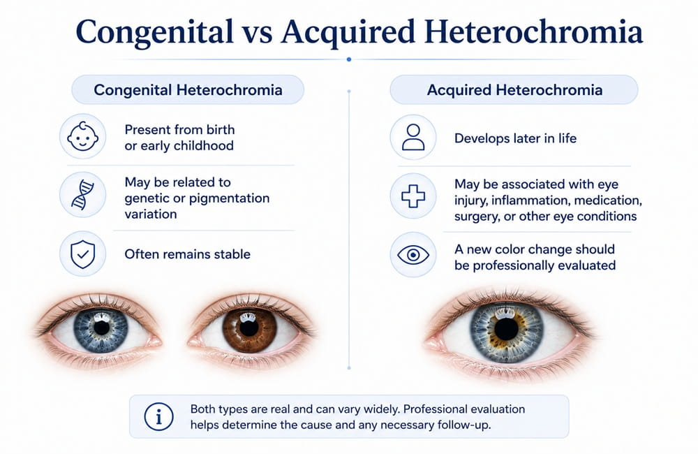 Complete, sectoral and central heterochromia shown with different iris color patterns